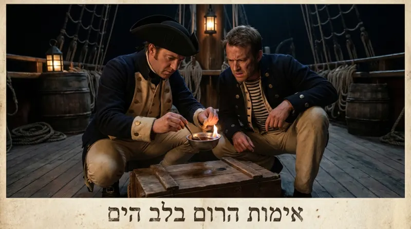 שני מלחים במדים היסטוריים על סיפון ספינה בלילה, עם הכיתוב "אימות הרום בלב הים" בתחתית התמונה.