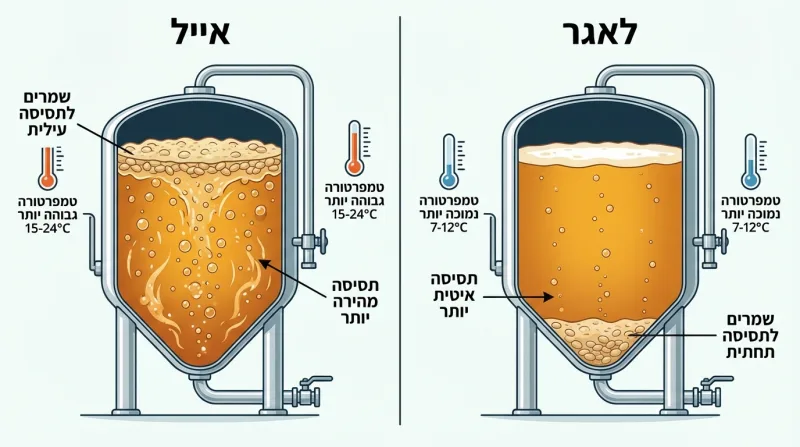 דיאגרמה המשווה בין תהליכי התסיסה של בירת אייל (Ale) ובירת לאגר (Lager), המציגה את סוגי השמרים, טמפרטורות התסיסה ומהירות התהליך.