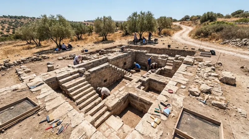 אתר חפירה ארכיאולוגית פעיל בישראל החושף מבנה אבן עתיק עם גרם מדרגות רחב