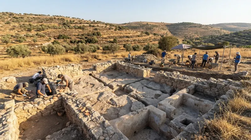 חפירה ארכיאולוגית פעילה באתר עם שרידי מבני אבן עתיקים בנוף גבעות טרסות יבש
