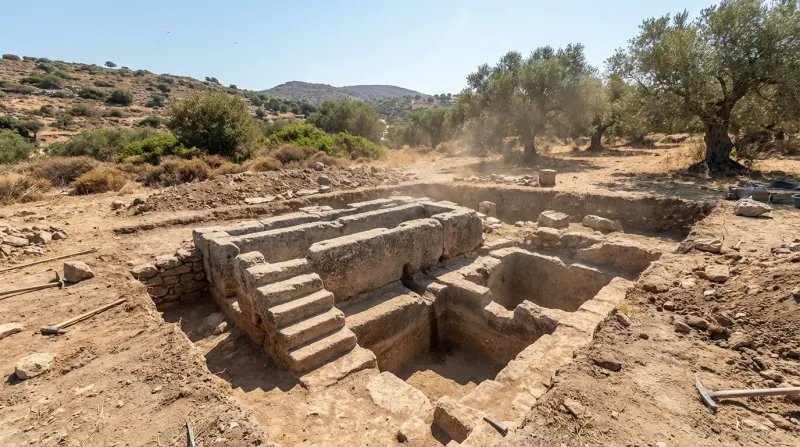 חפירה ארכיאולוגית החושפת מבנה אבן עתיק עם מדרגות באזור יבש עם עצי זית