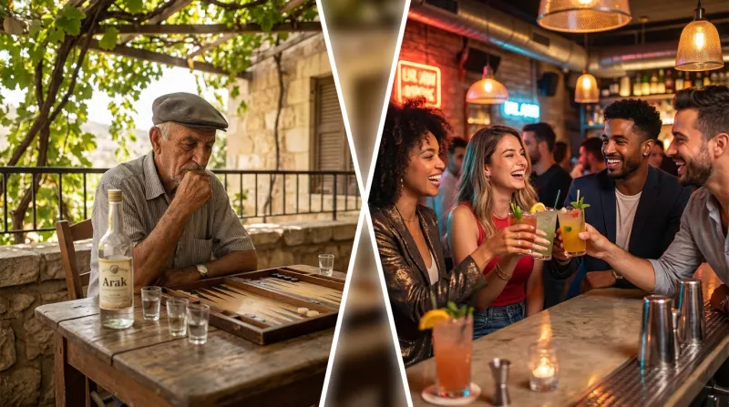 תמונה מפוצלת המציגה ניגוד בין דורי בתרבות הפנאי: גבר מבוגר יושב לבד עם בקבוק עראק ולוח שש-בש במרפסת אבן מסורתית, לעומת קבוצת צעירים מרימים כוסית בקוקטיילים בבר מודרני ותוסס.