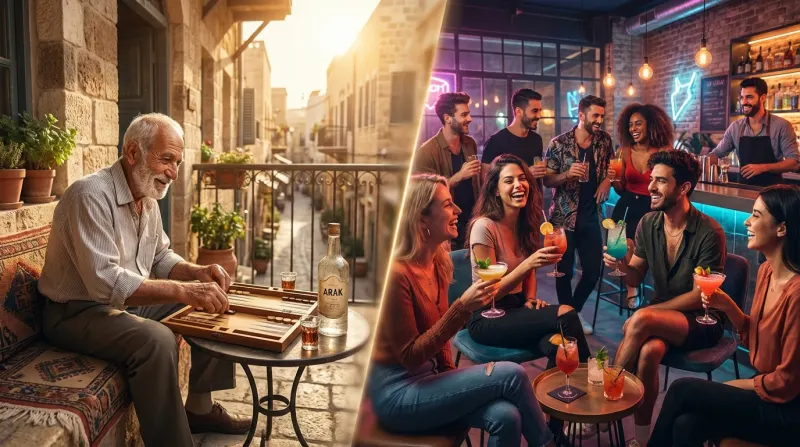 תמונה מפוצלת המציגה ניגוד בין דורי: בצד אחד אדם מבוגר משחק שש-בש ושותה ערק במרפסת אבן מסורתית, ובצד השני קבוצת צעירים מבלים ושותים קוקטיילים בבר מודרני מואר באור ניאון.