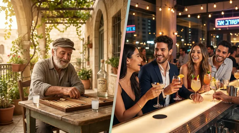 תמונה מפוצלת המציגה את הניגוד והשילוב בתרבות הישראלית: גבר מבוגר משחק שש-בש ושותה ערק באווירה מסורתית מול קבוצת צעירים מבלים בבר קוקטיילים מודרני בלילה.