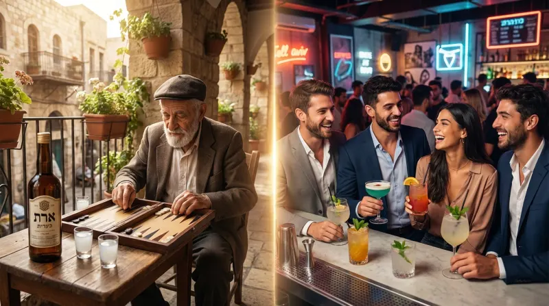 ניגוד בין תרבויות שתייה: גבר מבוגר שותה ערק ומשחק שש-בש, מול צעירים מבלים עם קוקטיילים בבר מודרני