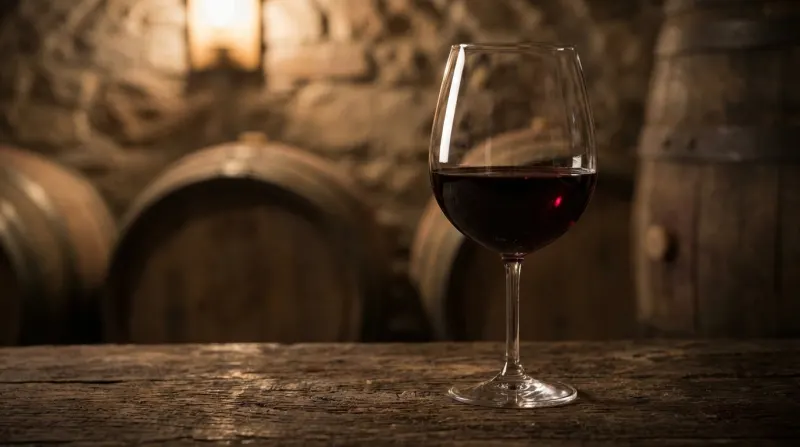 כוס יין אדום על שולחן עץ במרתף יינות עם חביות
