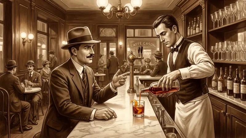 איור בסגנון וינטג' של ברמן מוזג קוקטייל ללקוח לבוש בחליפה וכובע פדורה בבר הקלאסי "קפה קסוני".
