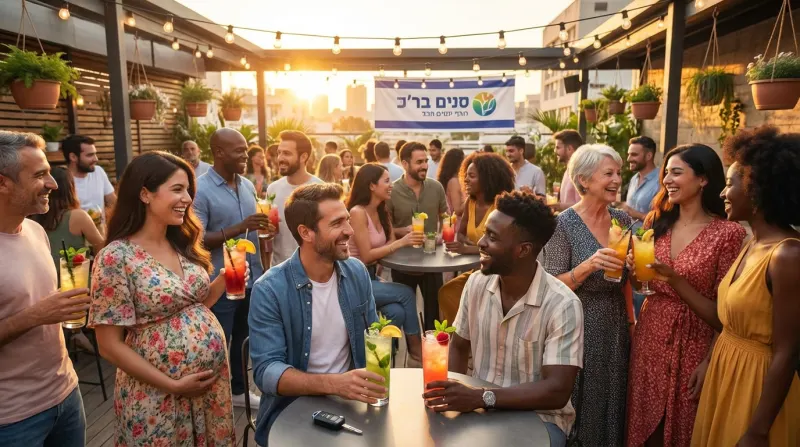 מסיבת גג חברתית בשקיעה עם אנשים שותים, משוחחים וצוחקים, כולל שלט בעברית "סנים בר"ב".