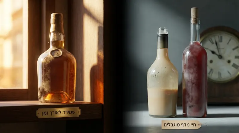 השוואה ויזואלית של חיי מדף של משקאות: בקבוק "שמירה לאורך זמן" באור חם לעומת בקבוקי "חיי מדף מוגבלים" בסביבה כהה.