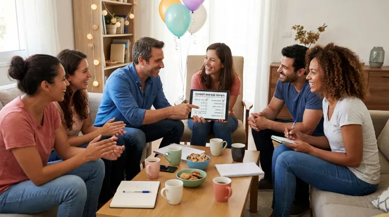 קבוצת חברים מגוונת יושבת בסלון, צוחקת ומתכננת מסיבה יחד. גבר מצביע על טאבלט המציג 'רשימת משימות למסיבה' בעברית, בנוכחות בלונים, כיבוד ומחברות.