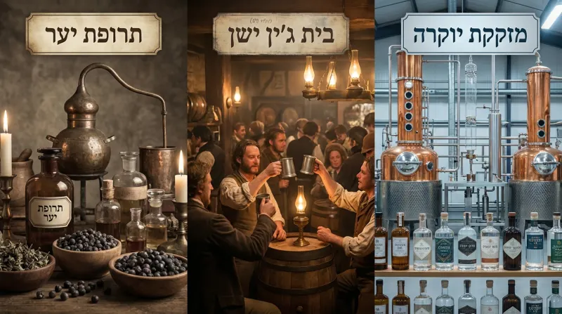 שלושה פאנלים הממחישים את התפתחות הג'ין: "תרופת יער" עתיקה עם צמחי מרפא וציוד זיקוק, "בית ג'ין ישן" הומה אדם, ו"מזקקת יוקרה" מודרנית עם דודי נחושת ובקבוקים מעוצבים.