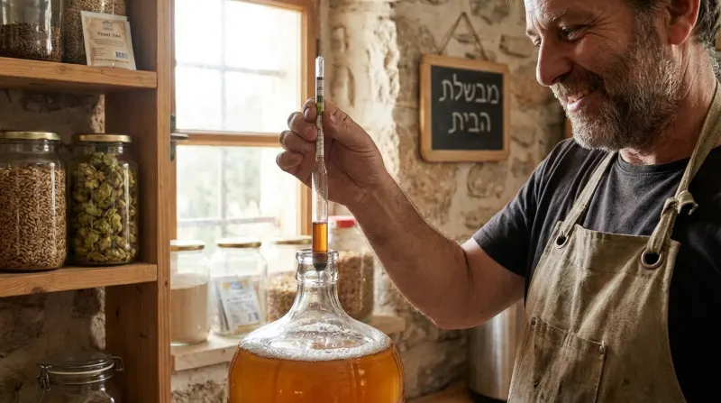גבר חייכן מודד את אחוז האלכוהול בבירה ביתית בעזרת הידרומטר במיכל תסיסה מזכוכית, על רקע מדפים עם חומרי גלם ושלט בעברית 'מבשלת הבית'.