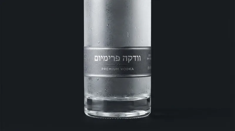 בקבוק וודקה פרימיום קפוא עם טיפות מים, צילום תקריב