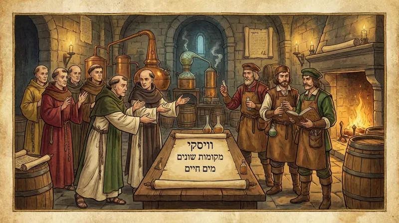 איור היסטורי של נזירים ומזקקים במבשלת ויסקי עתיקה. מגילה במרכז עם הכיתוב "וויסקי מקומות שונים מים חיים".