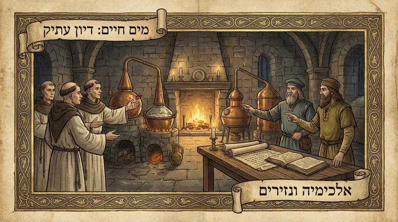 איור המתאר נזירים ואלכימאים בימי הביניים דנים בזיקוק "מים חיים" (Aqua Vitae).