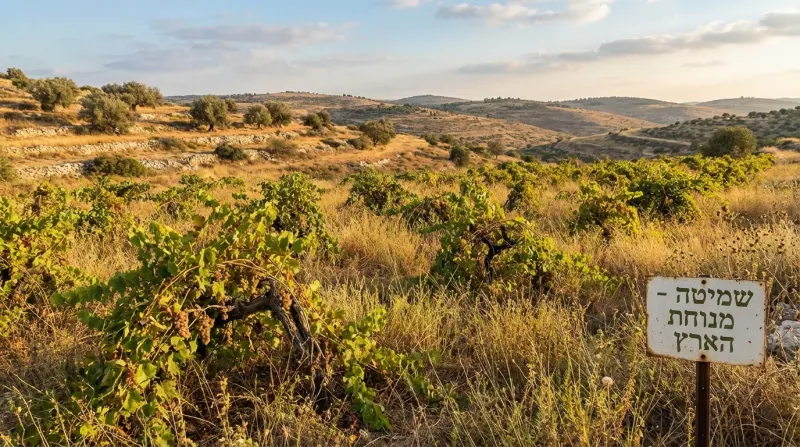 כרם שמיטה עם שלט בעברית 'שמיטה - מנוחת הארץ' על רקע גבעות.