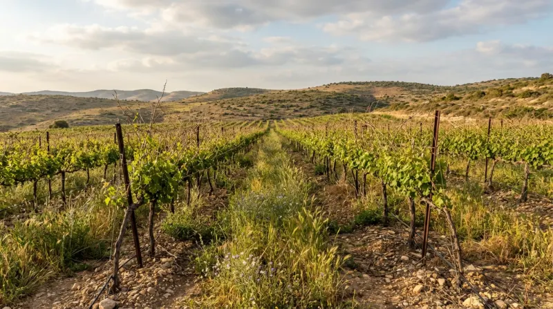 מבט רחב על כרם גפנים הנטוע באדמה טרשית בין גבעות, תחת שמיים מעוננים בשעת בין ערביים.