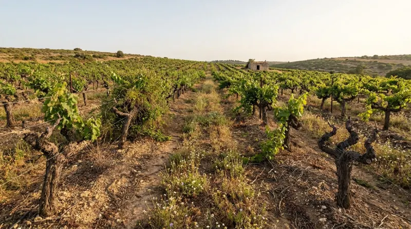כרם ענבים עם גפנים בוגרות בנוף הררי צחיח