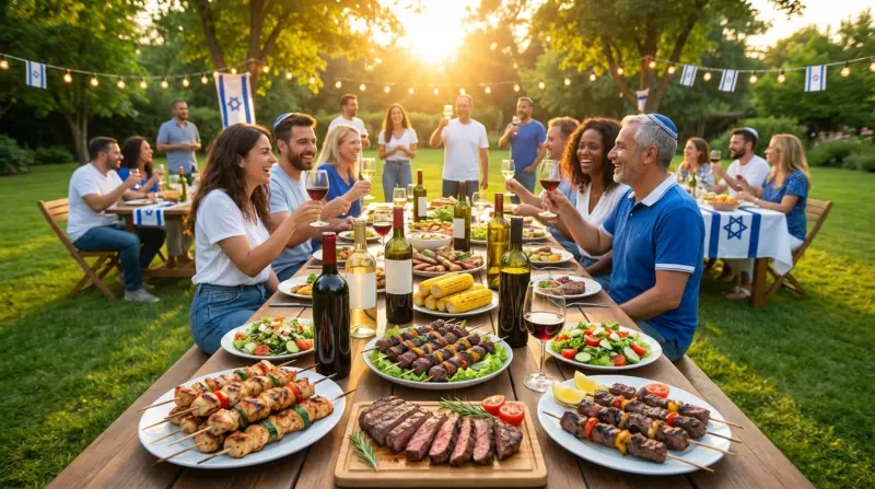 ארוחת מנגל ישראלית חגיגית בגינה עם משפחה וחברים, שולחנות עמוסים בשיפודים, סטייקים וסלטים תחת שרשרת דגלי ישראל.