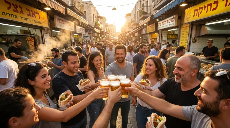 קבוצת חברים מרימים לחיים עם כוסות בירה ומנות פלאפל בפיתה, באווירה שמחה באחד השווקים ההומים של תל אביב לעת ערב.