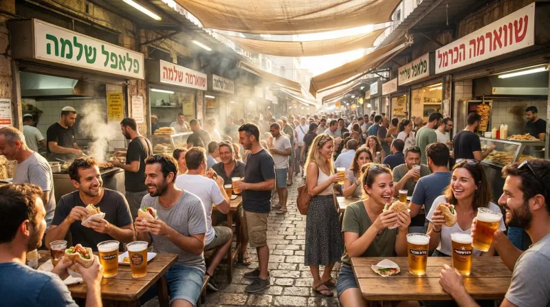 המון אדם נהנה מאוכל רחוב, פלאפל ושווארמה, בשוק פתוח ושוקק חיים.