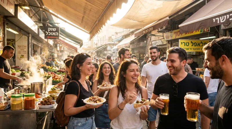 אנשים נהנים מאוכל רחוב ושתייה בשוק אוכל הומה בישראל