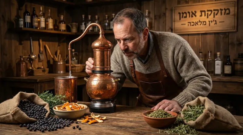 אומן בוחן תהליך זיקוק של ג'ין מלאכה במזקקת נחושת מסורתית, מוקף בשקי יוטה עם גרגרי ערער, עשבי תיבול וקליפות תפוז יבשות. ברקע שלט עץ עם הכיתוב "מזקקת אומן - ג'ין מלאכה".