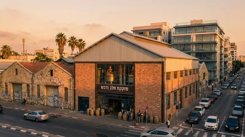 מבנה הלבנים של מזקקת חלב ודבש (M&H Distillery) בתל אביב יפו בשעת שקיעה. ניתן לראות את דודי הזיקוק מנחושת דרך החלון הגדול וחביות עץ מחוץ לכניסה.