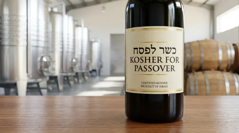בקבוק יין אדום עם תווית "כשר לפסח" ו-"Product of Israel" עומד על שולחן עץ, על רקע מיכלי נירוסטה וחביות עץ ביקב ישראלי.
