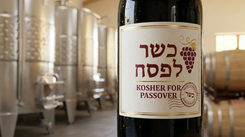 בקבוק יין אדום כשר לפסח ביקב עם מכלי תסיסה וחביות ברקע