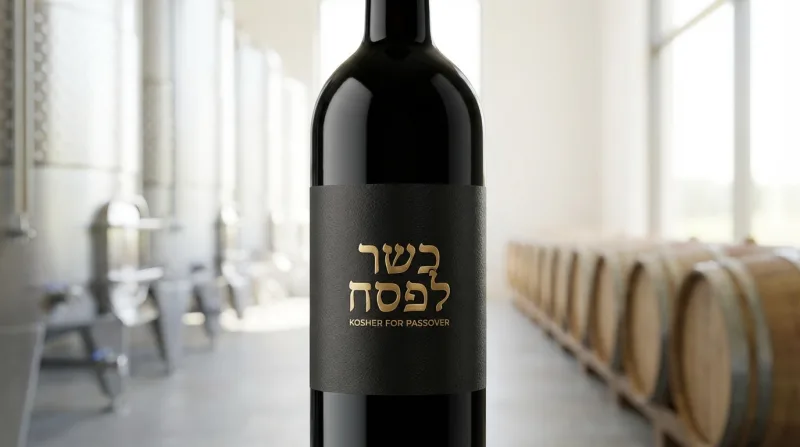 בקבוק יין אדום כשר לפסח עם תווית שחורה וכיתוב זהב, המוצג ביקב.