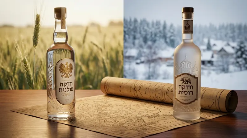 בקבוק וודקה פולנית מול בקבוק וודקה רוסית על שולחן עץ עם מפה עתיקה, המציג את ההבדלים בין שני סוגי הוודקה.