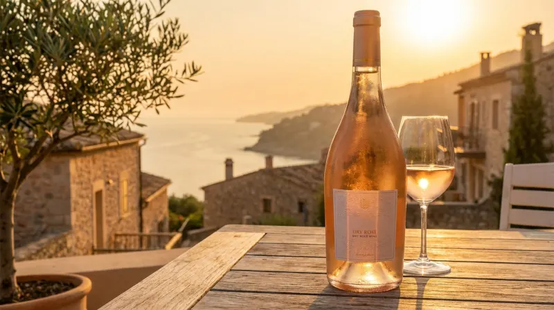 בקבוק יין רוזה יבש "Dry Rosé" וכוס יין על שולחן עץ במרפסת מול שקיעה ונוף ים תיכוני