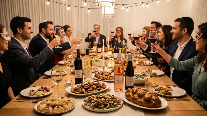משפחה וחברים חוגגים סעודת פורים, מרימים כוסית יין ליד שולחן עמוס בחלה, אוזני המן ומאכלים נוספים. חלקם חובשים כיפות ומסכות.