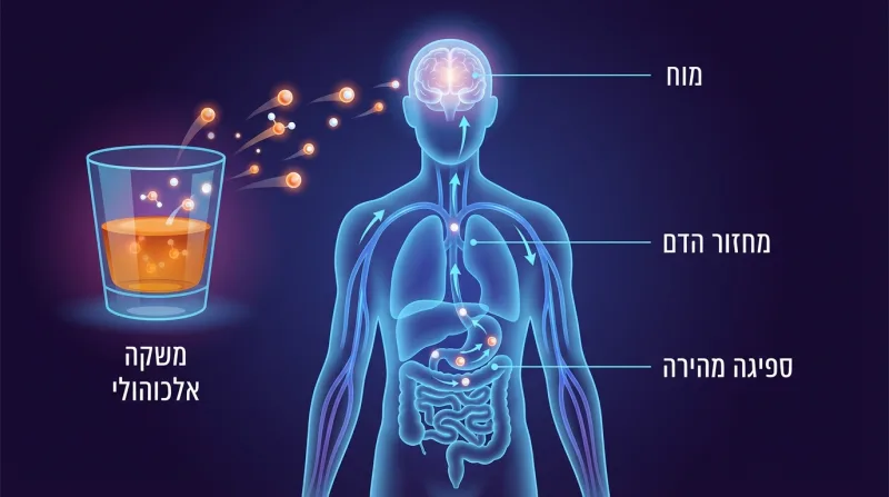 תרשים הממחיש את תהליך ספיגת האלכוהול בגוף האדם: ממשקה אלכוהולי דרך מערכת העיכול, למחזור הדם ולבסוף למוח.