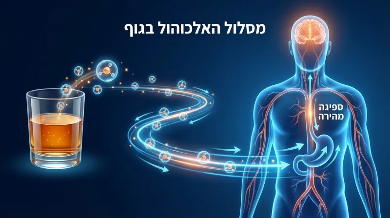 איור המתאר את מסלול ספיגת האלכוהול בגוף האדם, מהקיבה ועד להשפעה על המוח