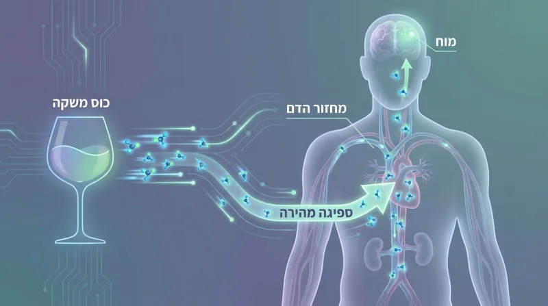 אינפוגרפיקה המדגימה את תהליך הספיגה המהירה של אלכוהול ממשקה אל מחזור הדם ומשם למוח.