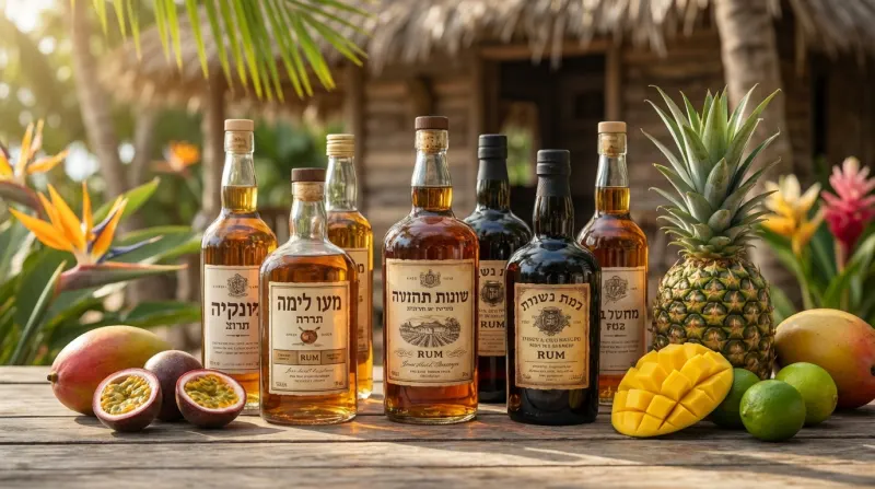 מבחר בקבוקי רום של מזקקות ישראליות, כולל "שכונת נחלת", "מעון לימה" ו"רמת גן", מוצגים על שולחן עץ באווירה טרופית עם אננס, מנגו ופסיפלורה.