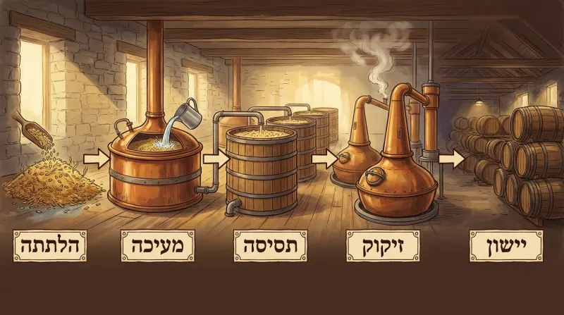 איור הממחיש את שלבי תהליך ייצור הוויסקי: הלתתה, משרייה, תסיסה, זיקוק ויישון בחביות עץ.