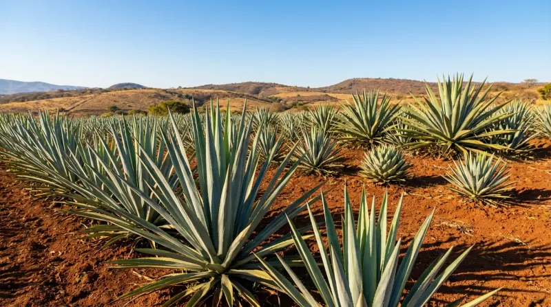 שדה של צמחי אגבה כחולה (Blue Agave) הגדלים באדמה אדומה תחת שמיים בהירים, עם גבעות ברקע.