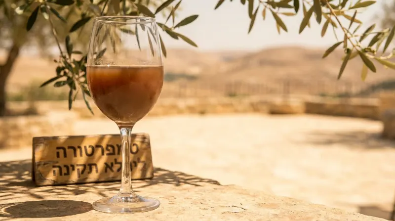 כוס משקה קר על שולחן אבן במדבר יהודה עם שלט הומוריסטי על טמפרטורה