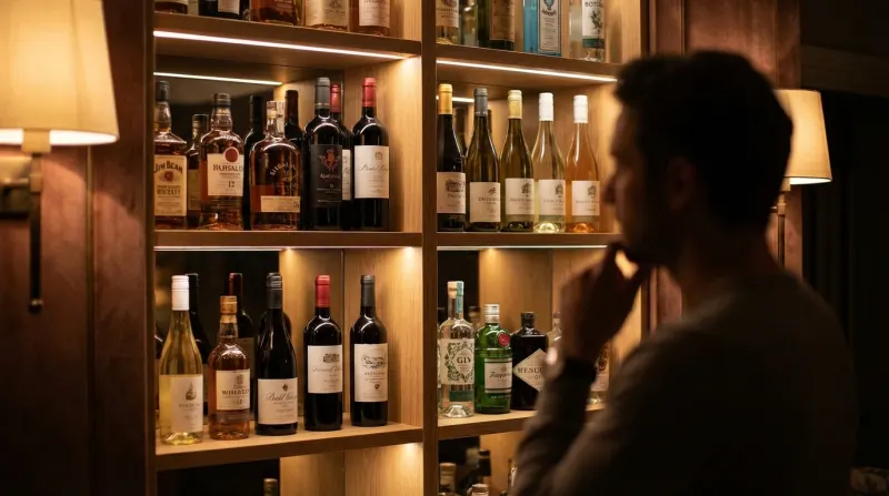 גבר בוחן אוסף של בקבוקי יין ומשקאות חריפים בארון משקאות מואר ומעוצב בביתו