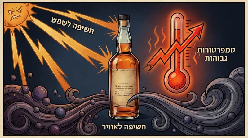 איור הממחיש את שלושת הגורמים המזיקים העיקריים לאחסון ויסקי: חשיפה לשמש, טמפרטורות גבוהות וחשיפה לאוויר, הפוגעים בבקבוק במרכז.