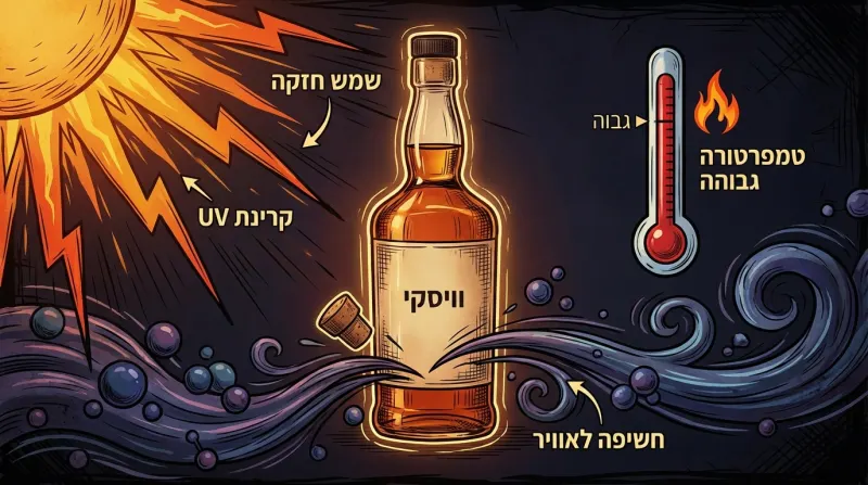 איור המראה בקבוק וויסקי ושלושה גורמים הפוגעים בו: שמש חזקה, טמפרטורה גבוהה וחשיפה לאוויר